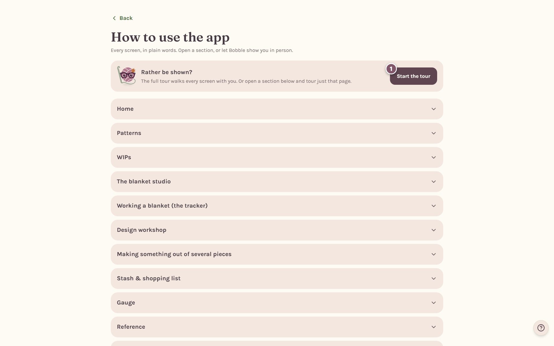 The How to use the app page, with the Start the tour button marked 1 (on a computer)
