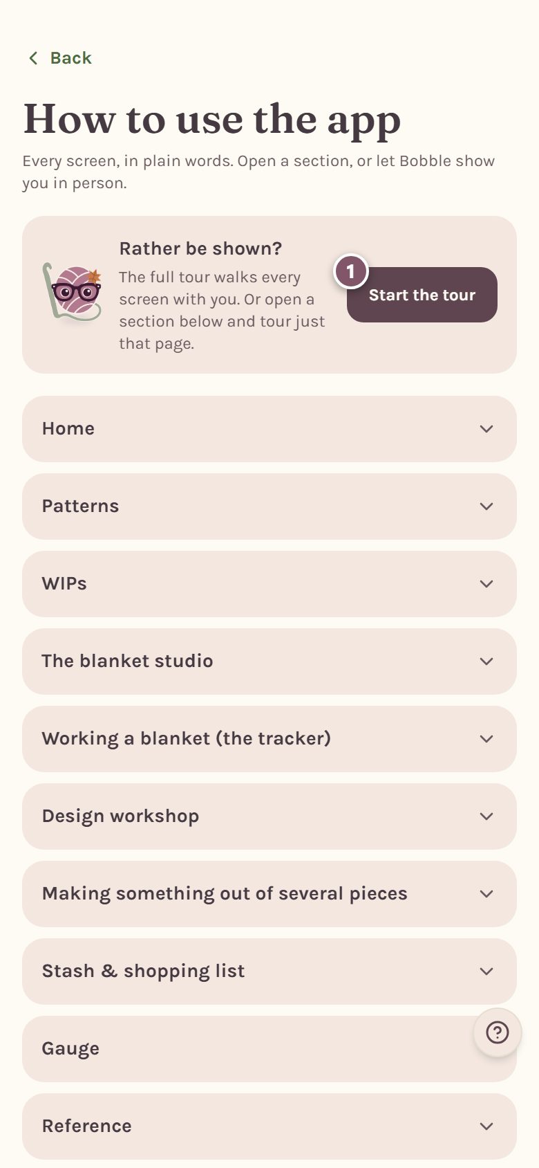 The How to use the app page, with the Start the tour button marked 1 (on a phone)