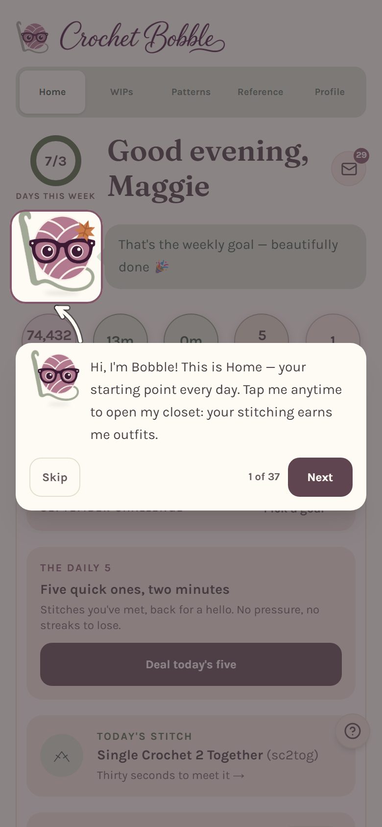 A step of Bobble's guided tour, with Skip, the step count and Next (on a phone)