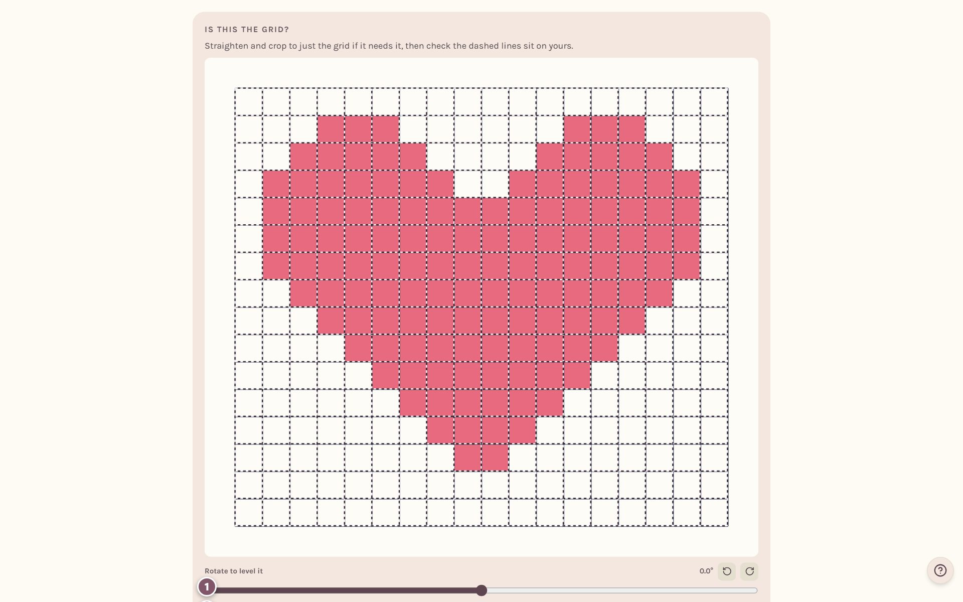 The Is this the grid? card: 1 Rotate to level it, 2 Crop to just the grid, 3 Cells across, 4 Cell size, 5 Looks right, bring it in (on a computer)