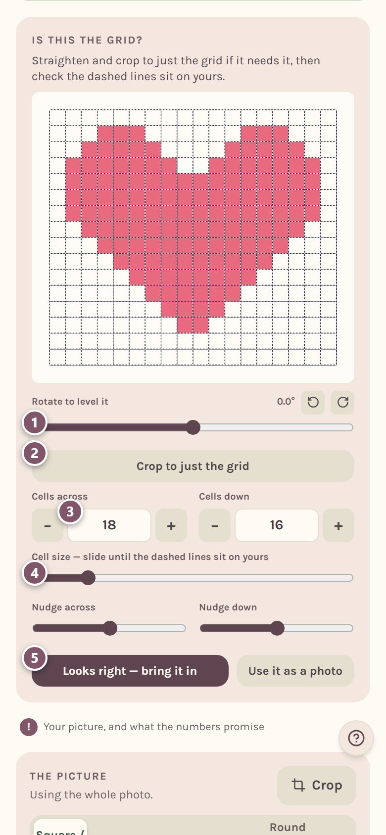The Is this the grid? card: 1 Rotate to level it, 2 Crop to just the grid, 3 Cells across, 4 Cell size, 5 Looks right, bring it in (on a phone)