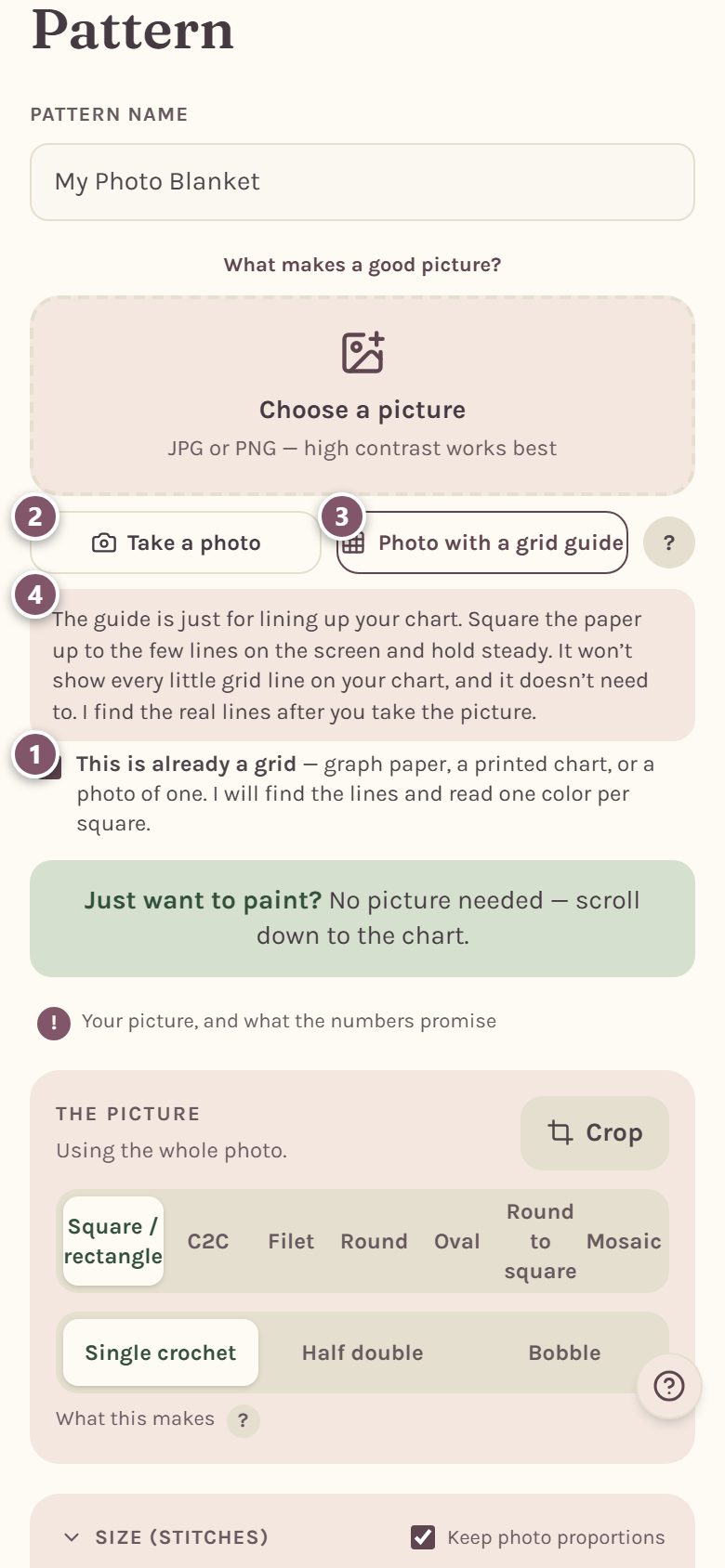The top of the maker: 1 is This is already a grid, 2 is Take a photo, 3 is Photo with a grid guide, 4 is the note about the guide (on a phone)