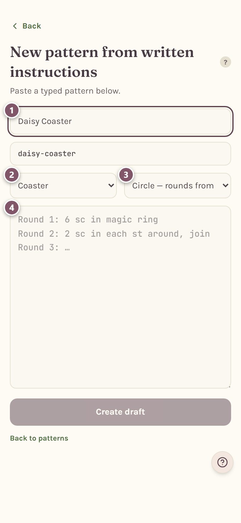 The paste page: 1 the pattern title, 2 the project type, 3 the chart shape, 4 the box for the written pattern (on a phone)
