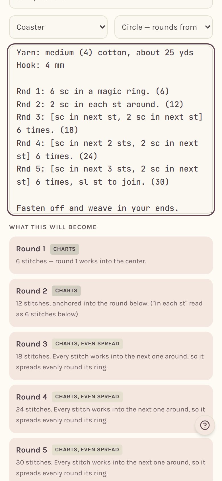 The pasted pattern with the preview of each round underneath (on a phone)