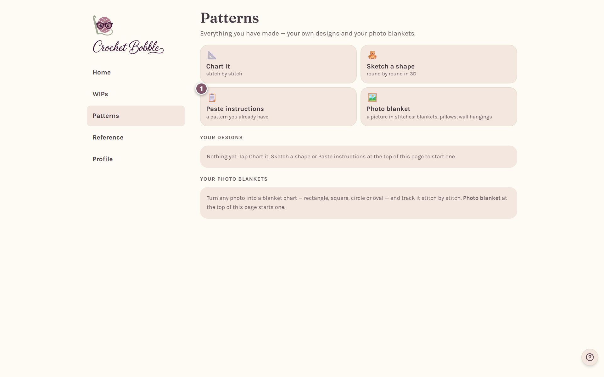 The Patterns tab with the Paste instructions box marked 1 (on a computer)