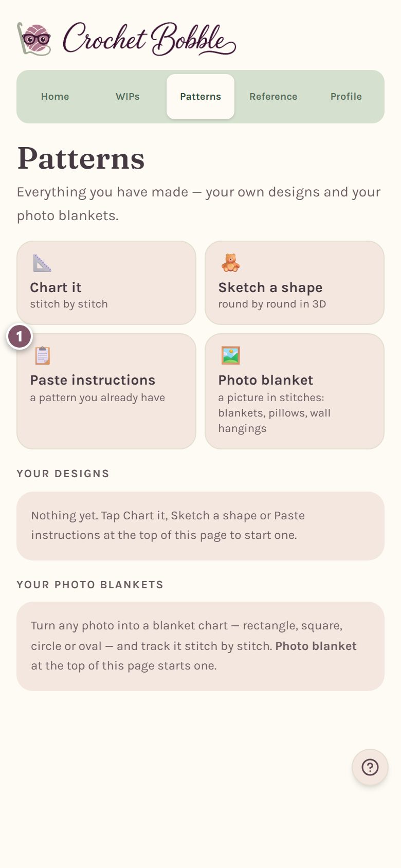 The Patterns tab with the Paste instructions box marked 1 (on a phone)