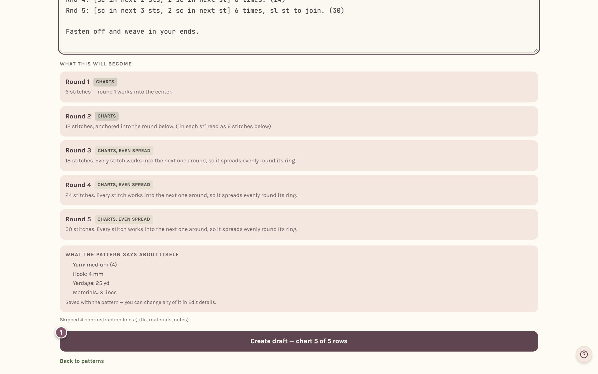 The bottom of the preview, with the Create draft button marked 1 (on a computer)