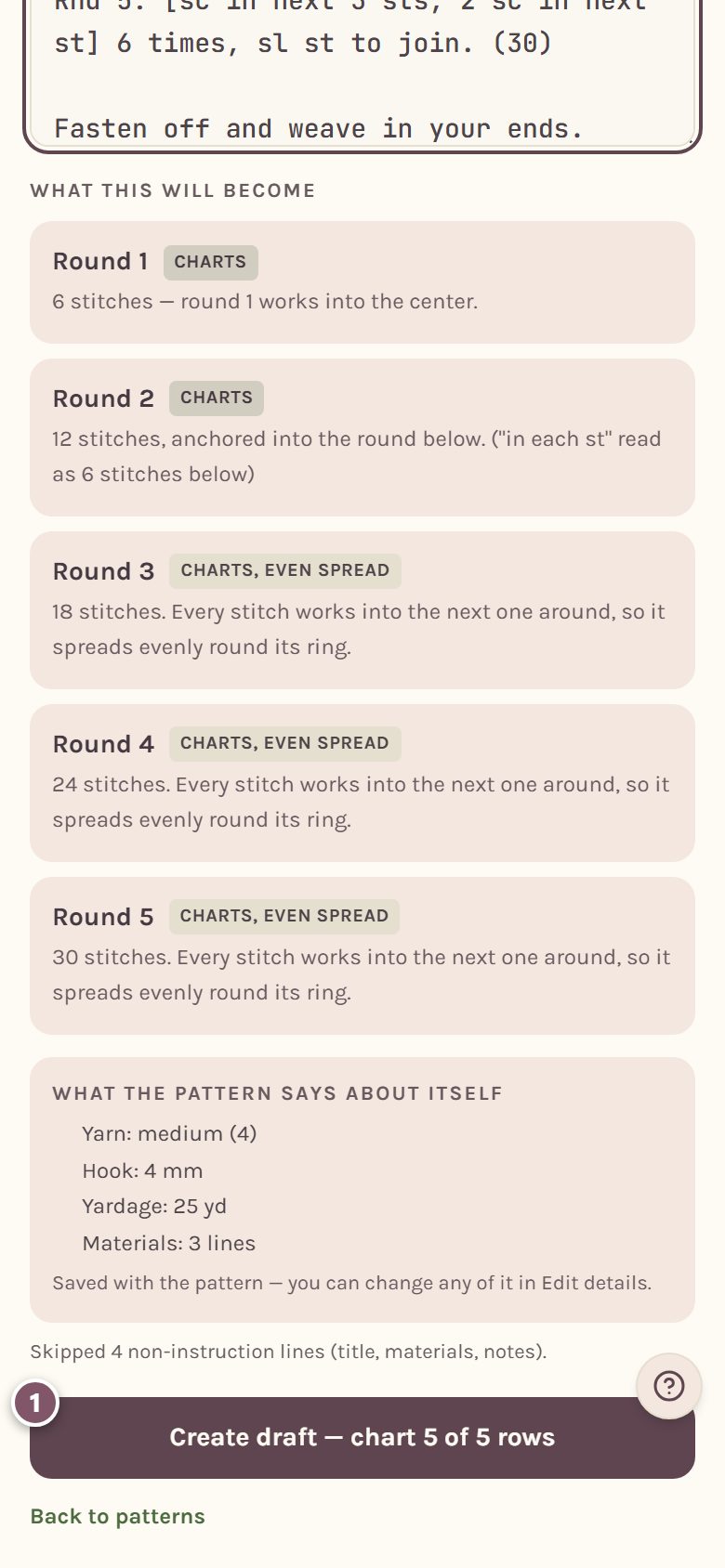 The bottom of the preview, with the Create draft button marked 1 (on a phone)