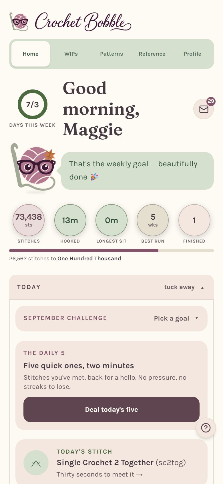 The Crochet Bobble Home screen, with the weekly goal ring, stitch counts and the Today section (on a phone)