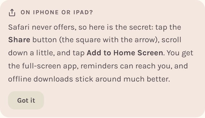 The reminder on Home that shows iPhone and iPad owners how to add Crochet Bobble to the home screen (on a phone)