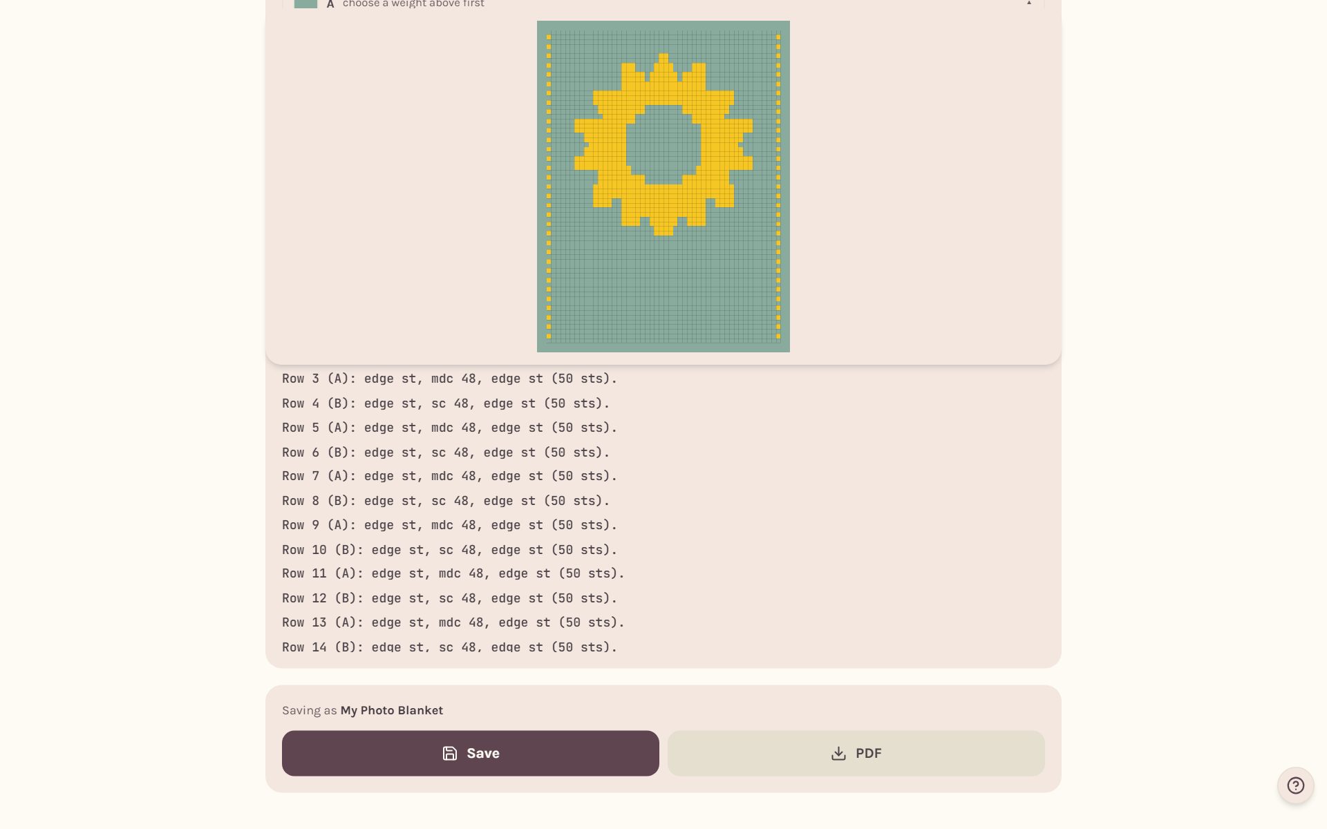 The mosaic Instructions: the stitch key, then rows like Row 5 (A): edge st, sc, mdc (on a computer)