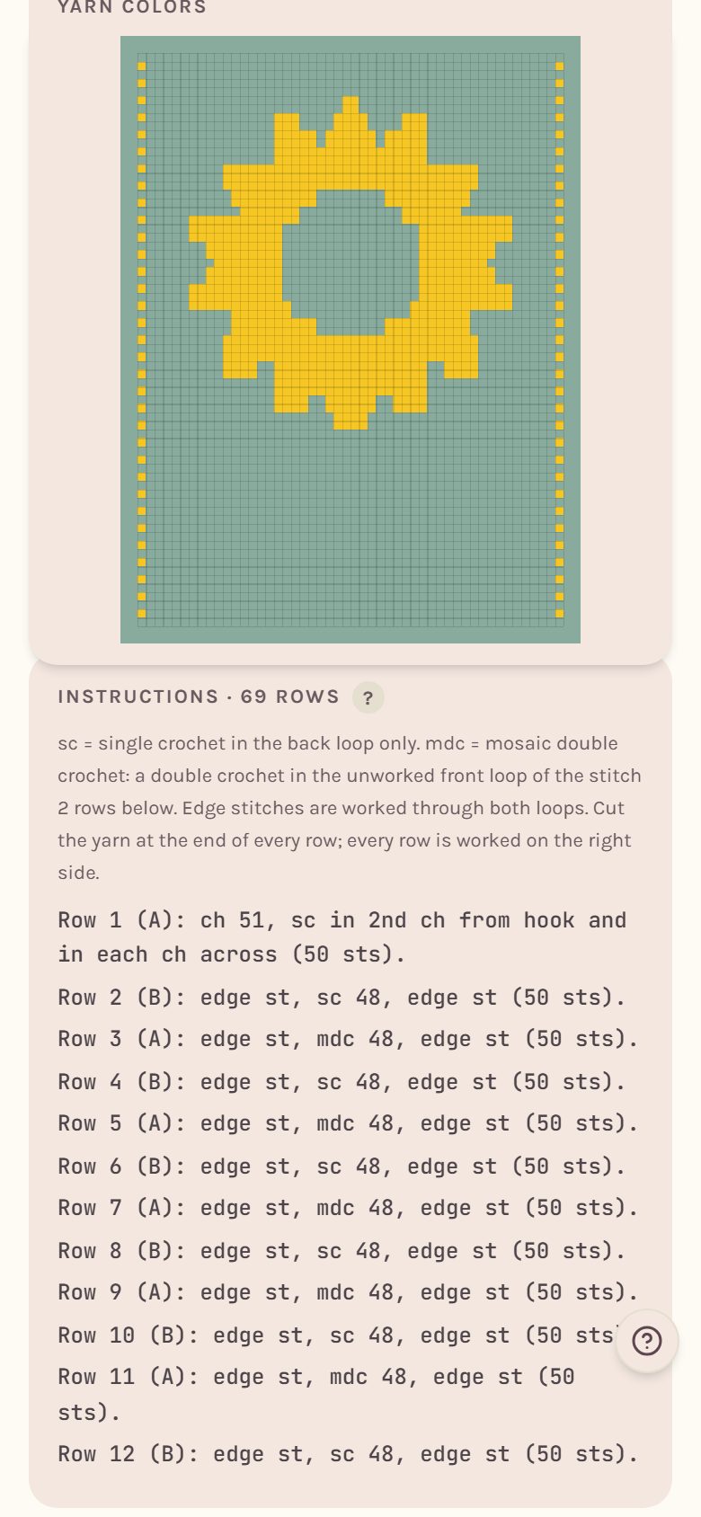 The mosaic Instructions: the stitch key, then rows like Row 5 (A): edge st, sc, mdc (on a phone)