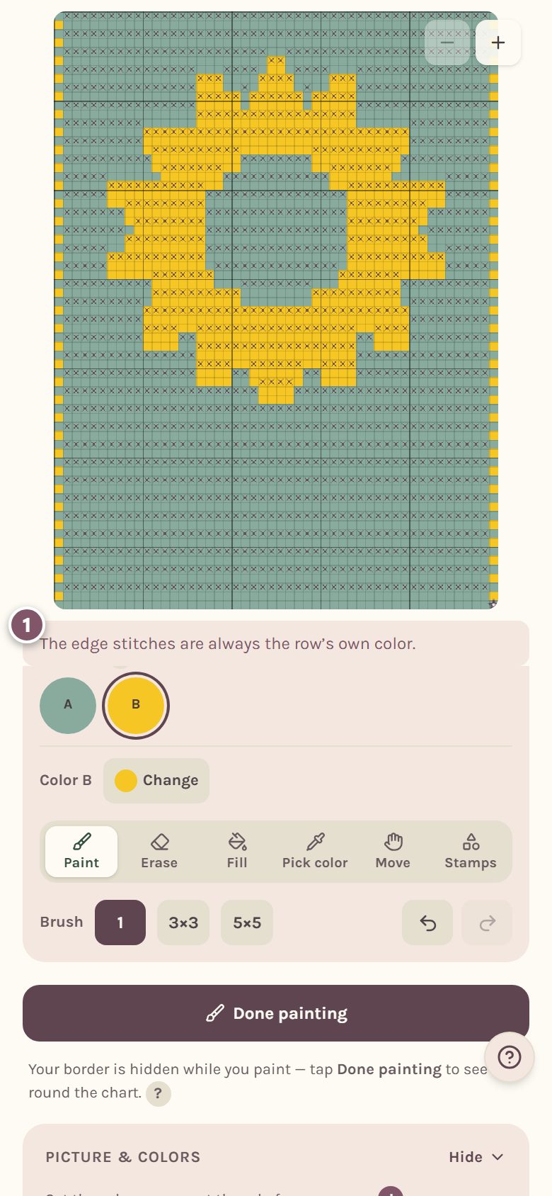 The paint tools with a note explaining why a square cannot change color (on a phone)