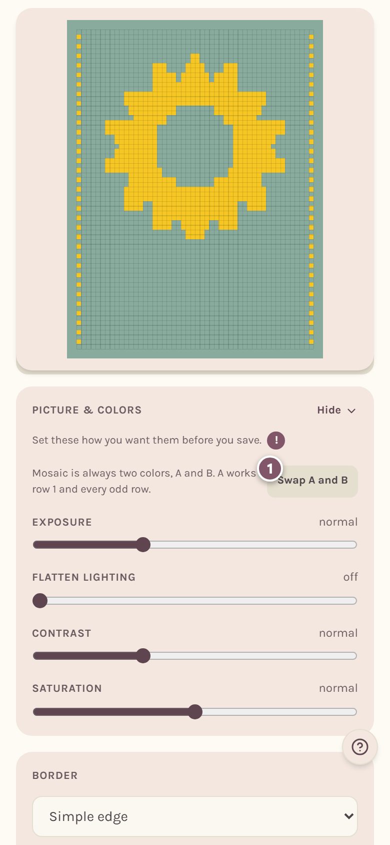 The Picture & colors card, with Swap A and B marked 1 (on a phone)