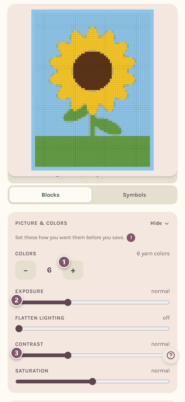 The Picture & colors card: 1 is More colors, 2 is the Exposure slider, 3 is the Contrast slider (on a phone)