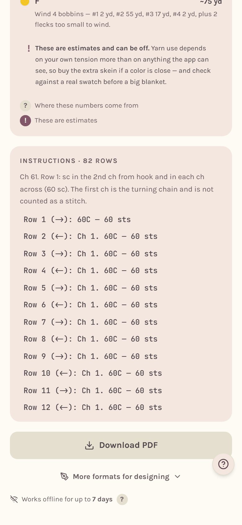 The Instructions card listing the blanket row by row (on a phone)