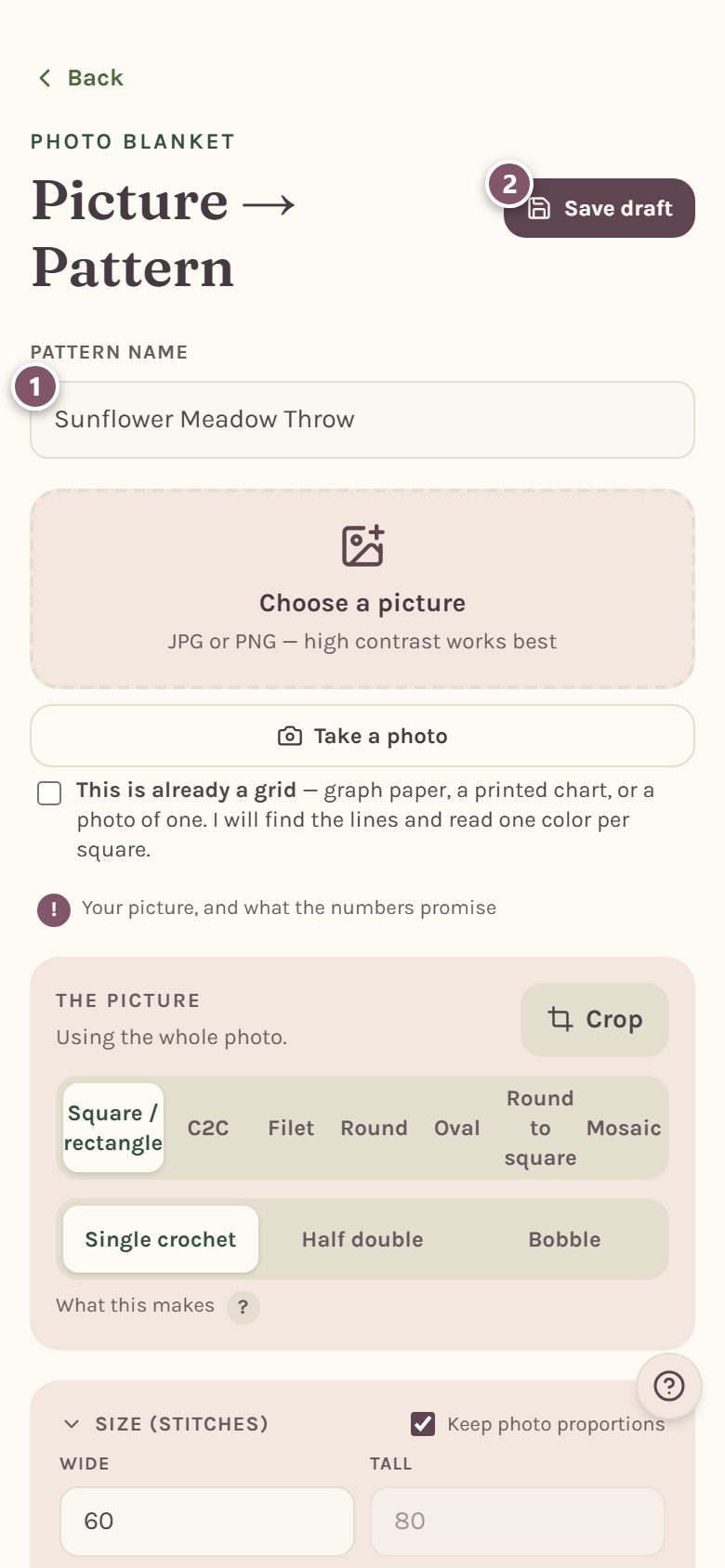 The top of the page: 1 is the Pattern name box, 2 is Save draft (on a phone)