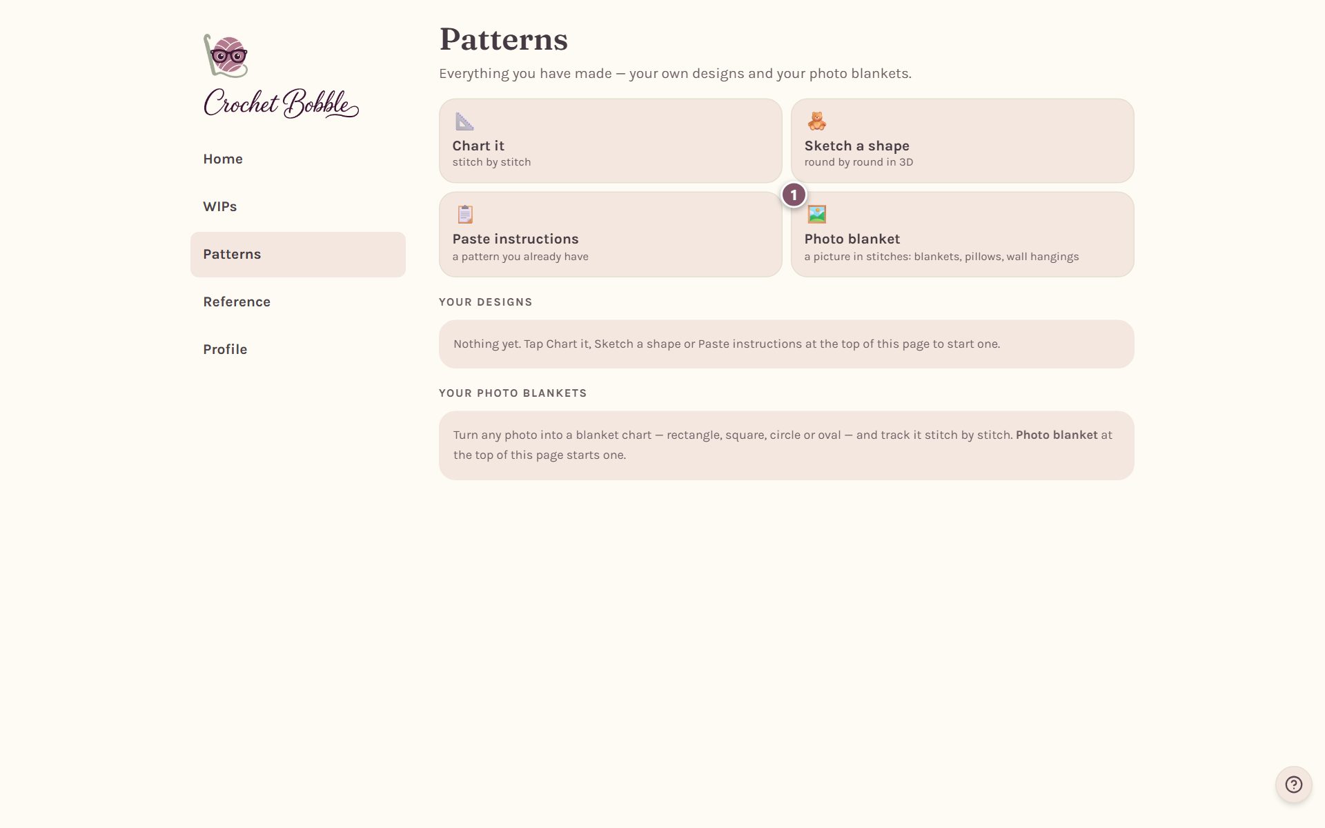 The Patterns tab with the Photo blanket box marked 1 (on a computer)
