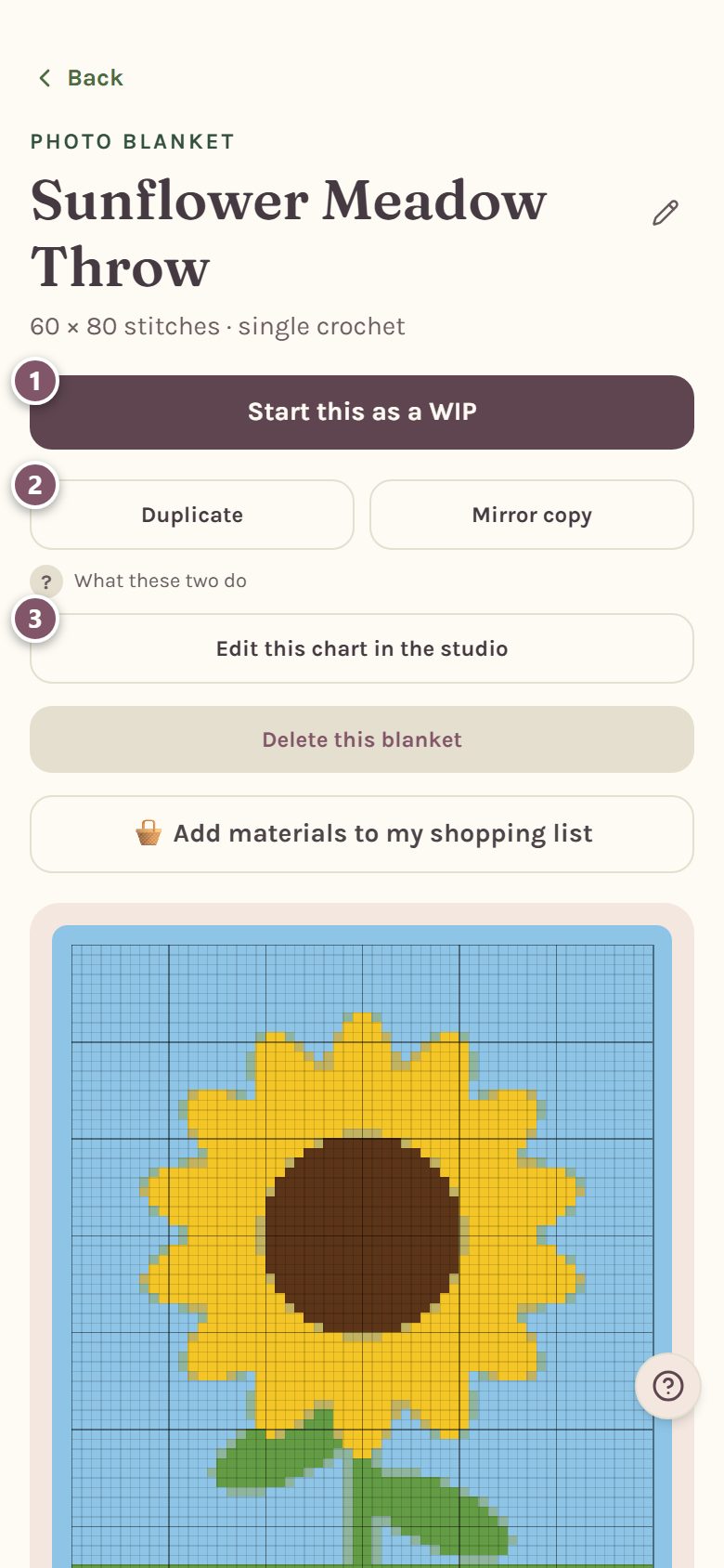 The saved blanket's page: 1 is Start this as a WIP, 2 is Duplicate, 3 is Edit this chart in the studio (on a phone)
