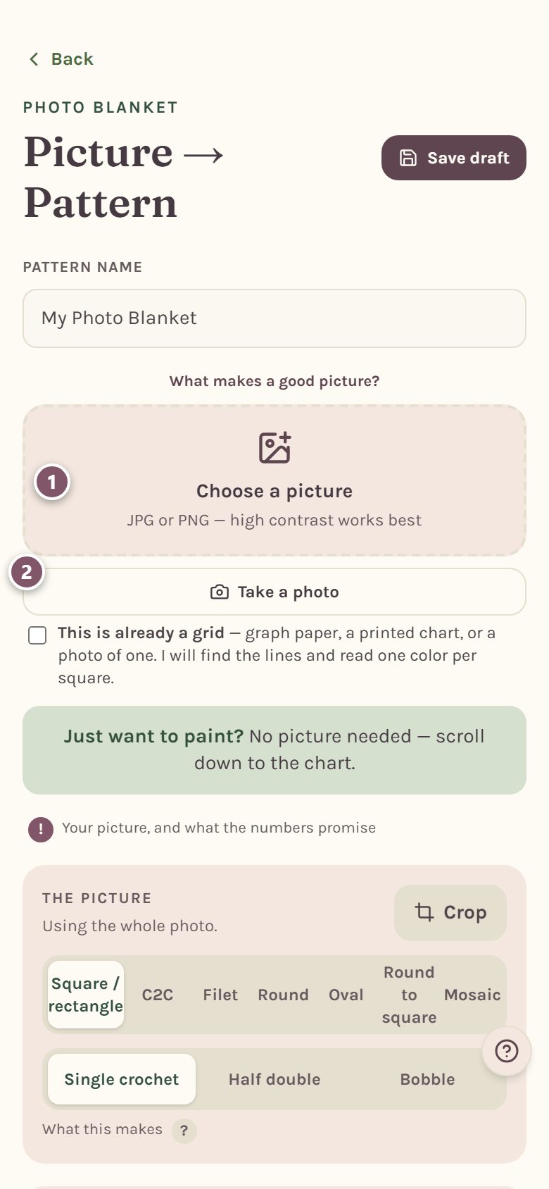 The top of the photo blanket maker: 1 is Choose a picture, 2 is Take a photo (on a phone)
