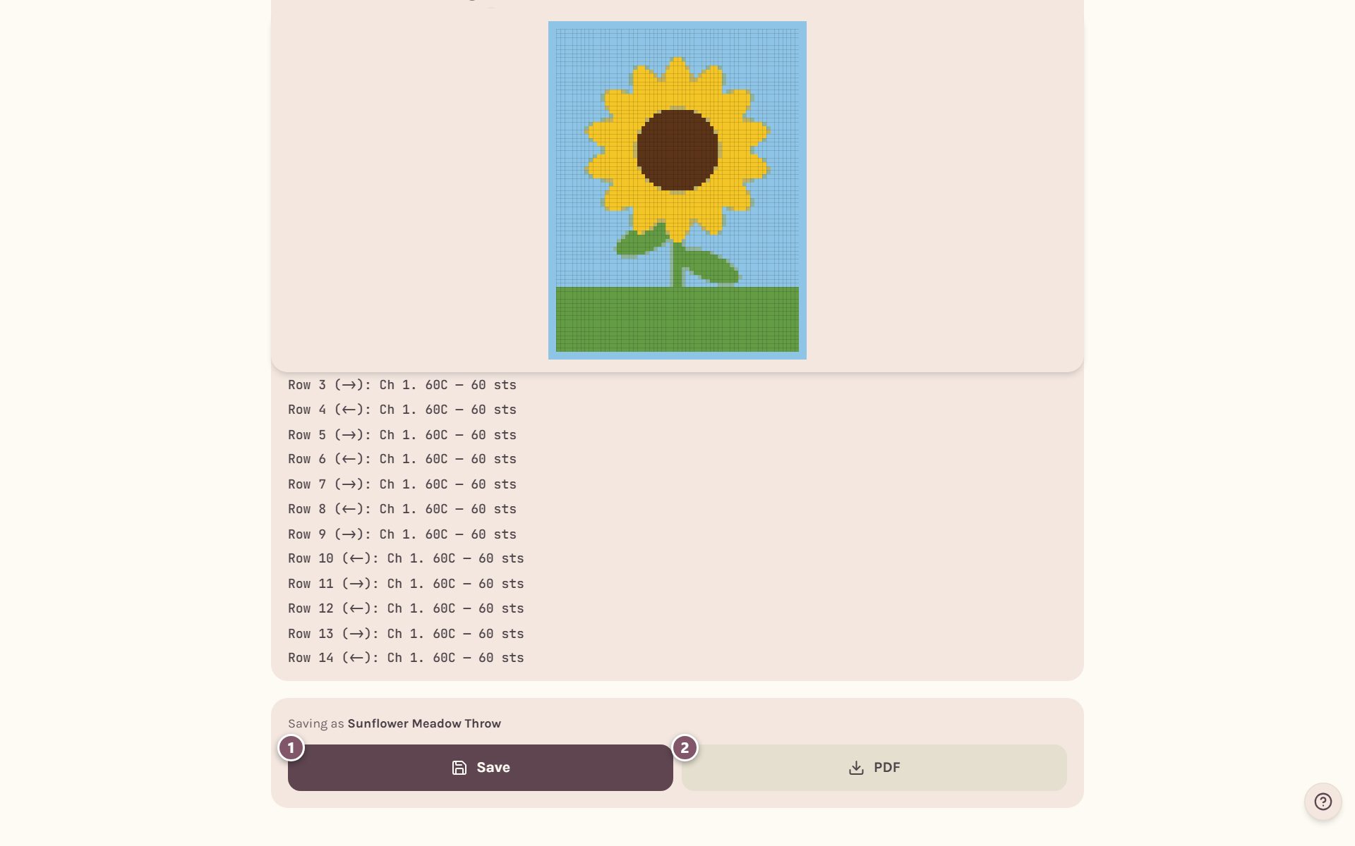 The bottom of the page: 1 is Save, 2 is PDF (on a computer)