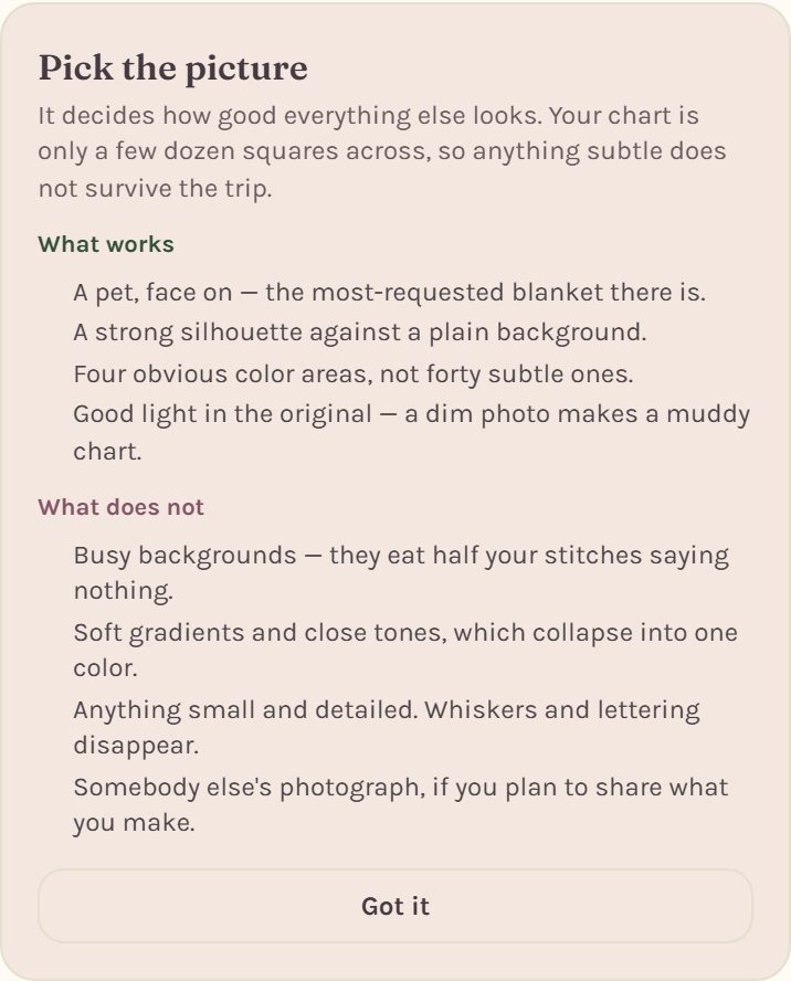 The Pick the picture card, listing what works and what does not (on a phone)