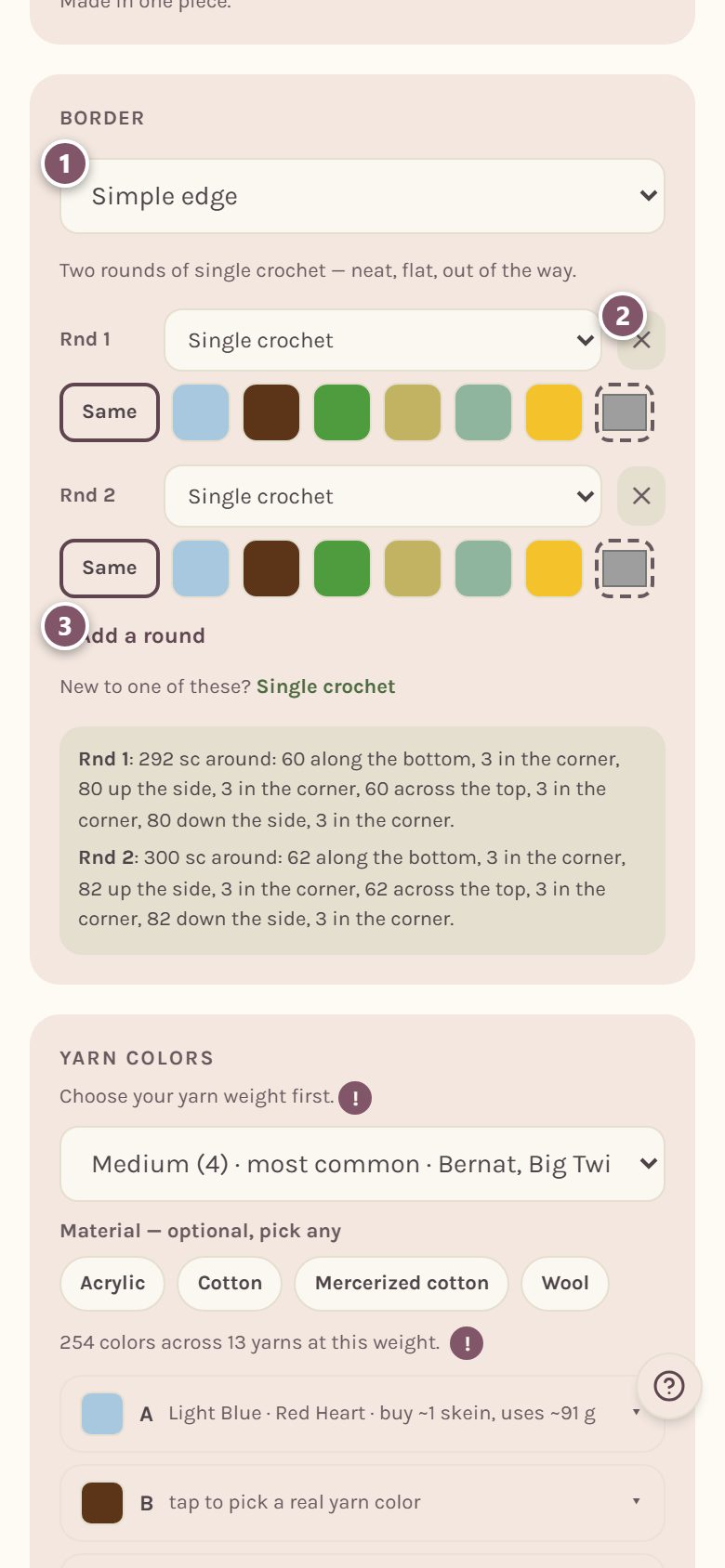 The Border card: 1 is the border style, 2 removes a round, 3 is Add a round (on a phone)