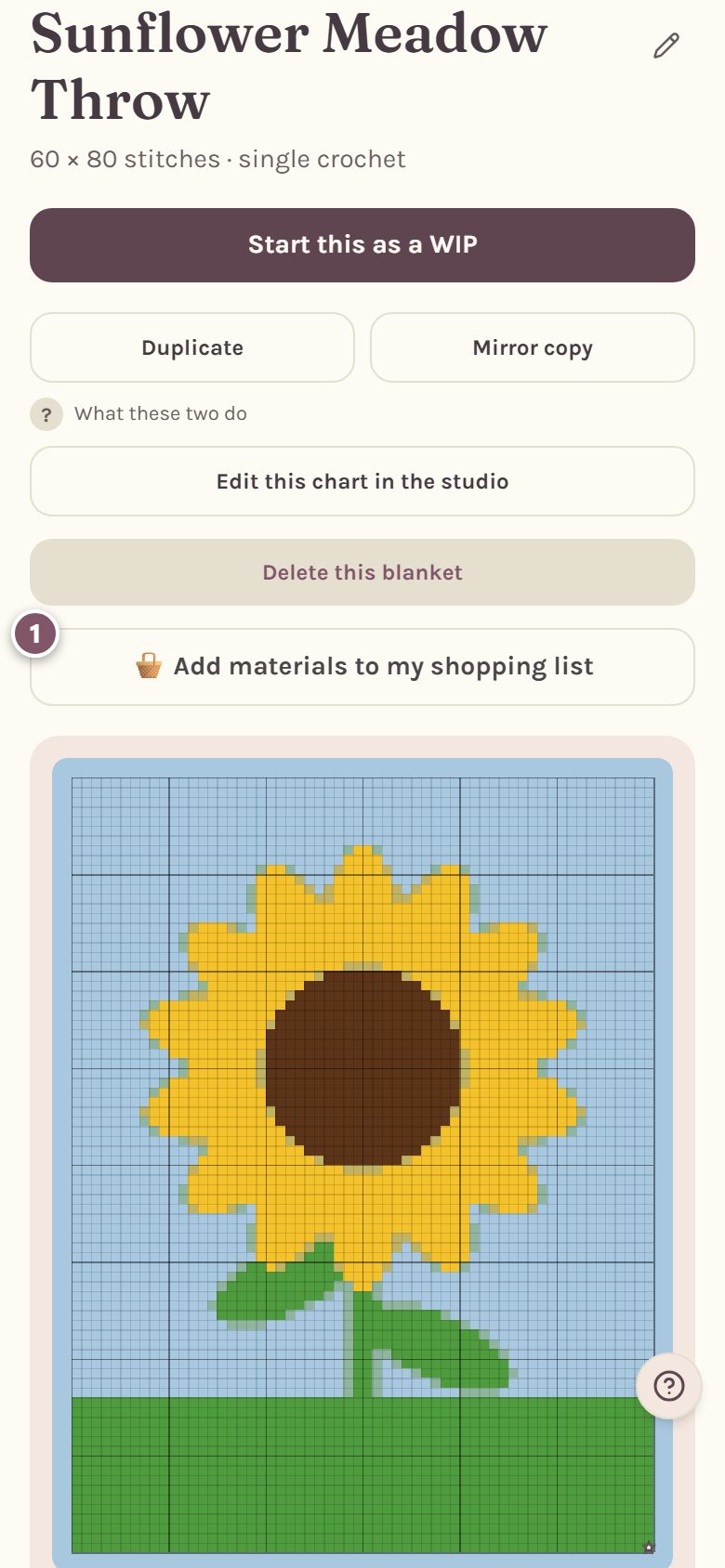 The Add materials to my shopping list button, marked 1 (on a phone)
