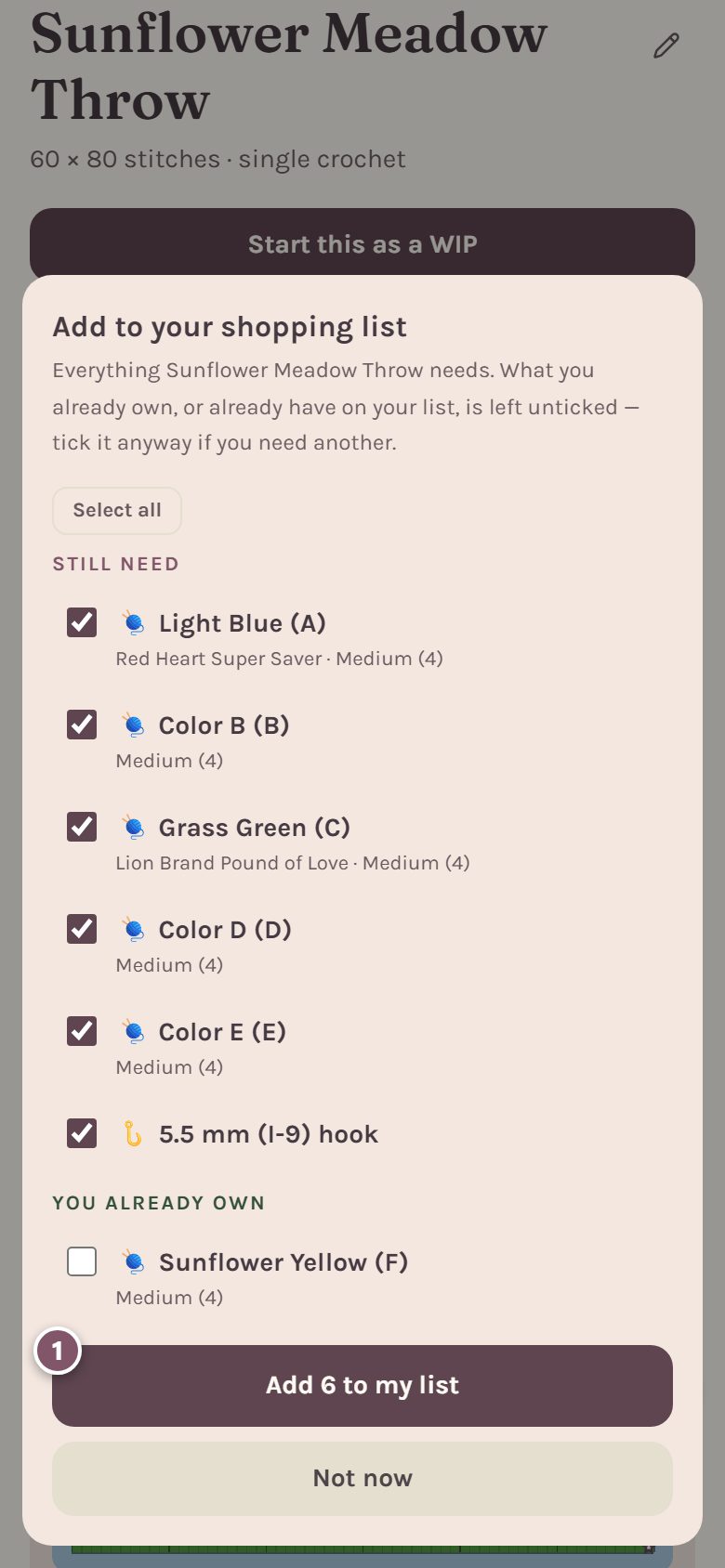 The Add to your shopping list sheet, with Add 6 to my list marked 1 (on a phone)