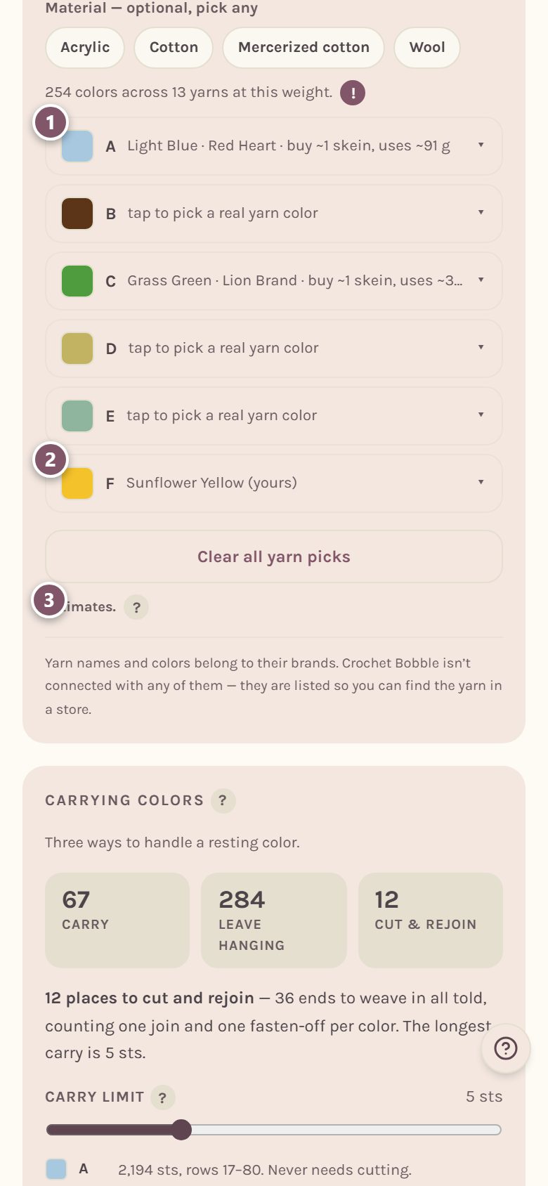 The color rows: 1 shows how many skeins to buy and how many grams it uses, 2 is a yarn from your stash, 3 is Estimates (on a phone)