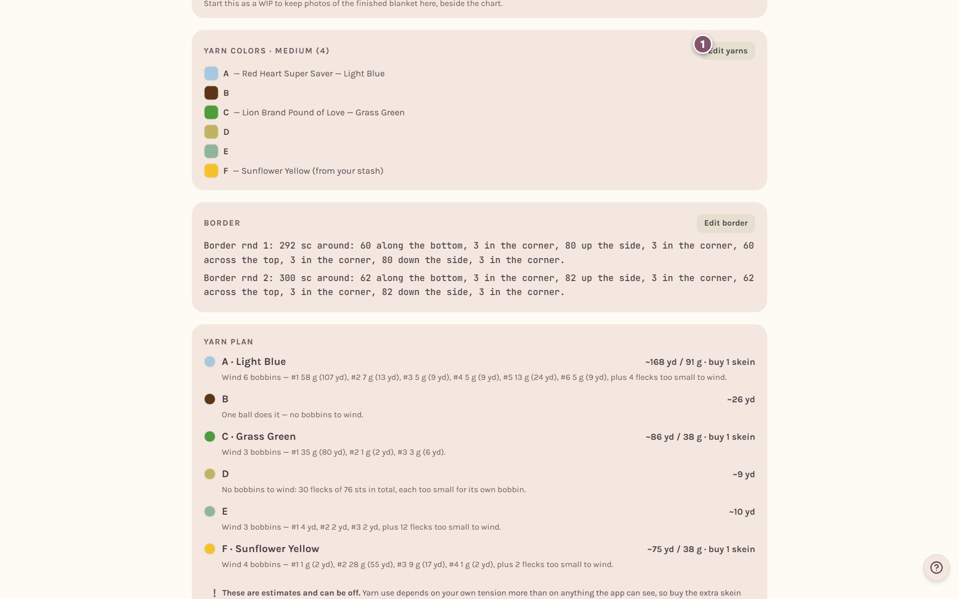 The Yarn colors card on a saved blanket, with Edit yarns marked 1 (on a computer)