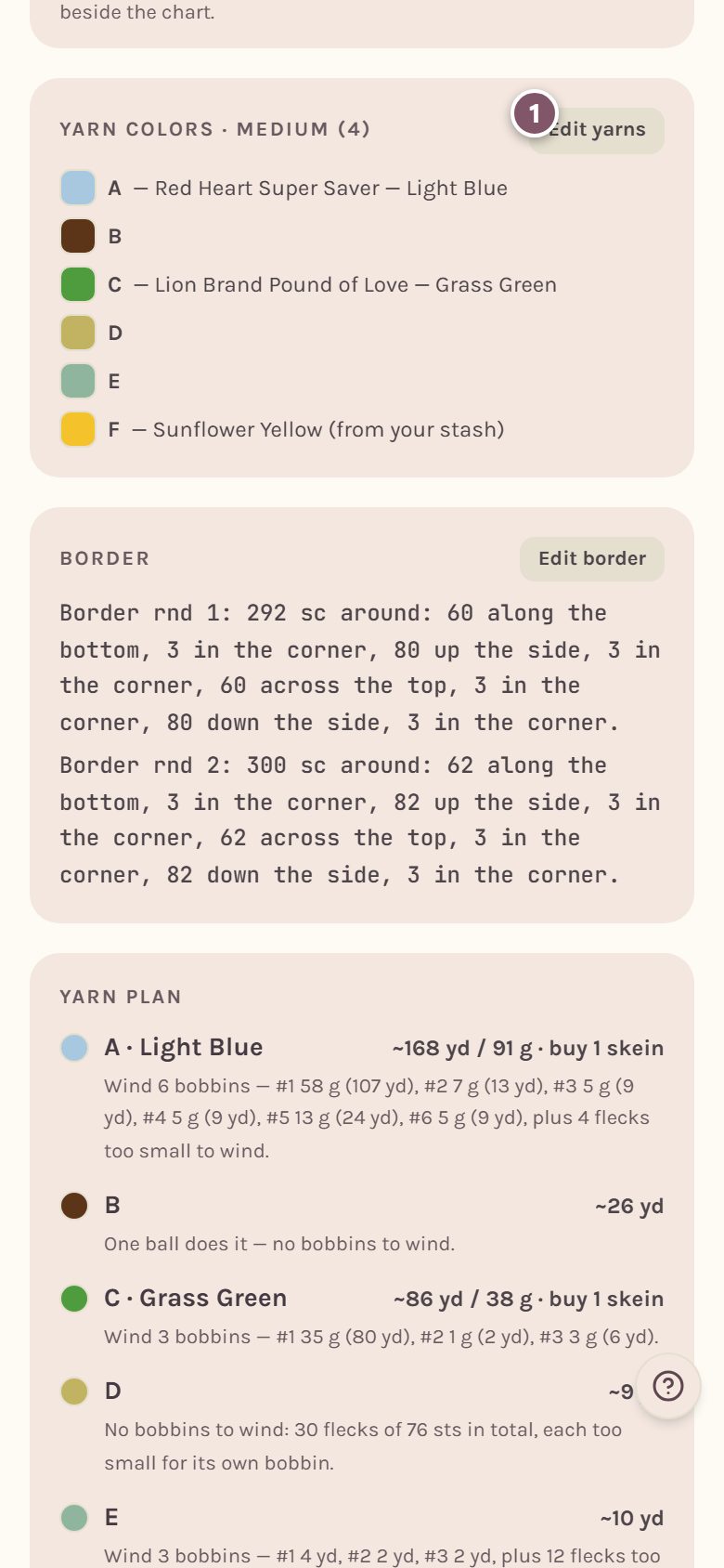 The Yarn colors card on a saved blanket, with Edit yarns marked 1 (on a phone)