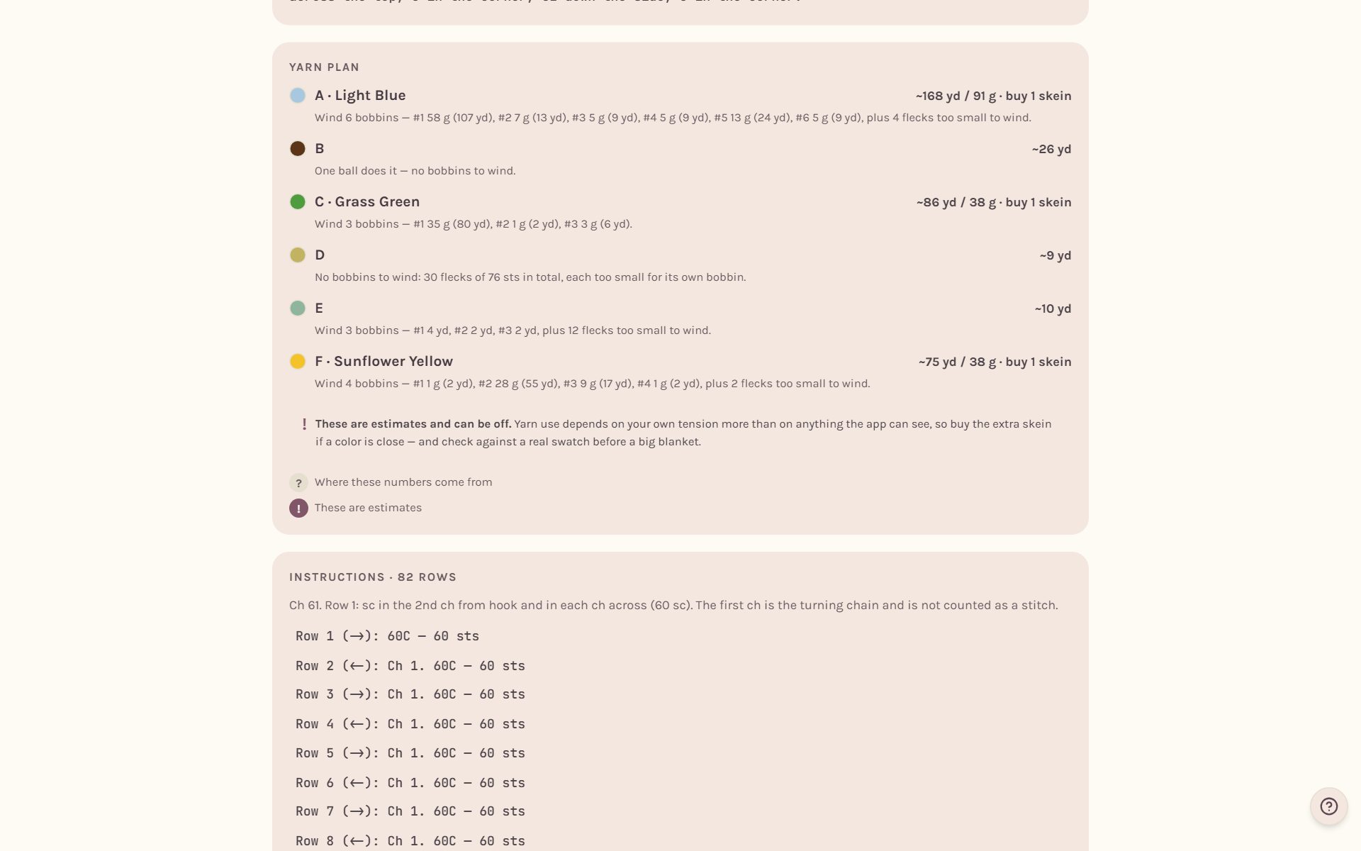 The Yarn plan, listing yards, grams and skeins for each color (on a computer)