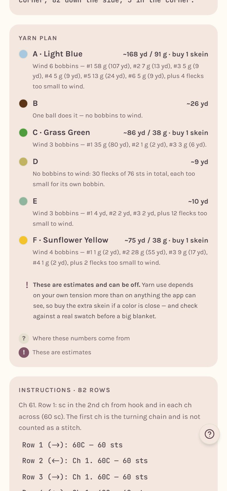 The Yarn plan, listing yards, grams and skeins for each color (on a phone)