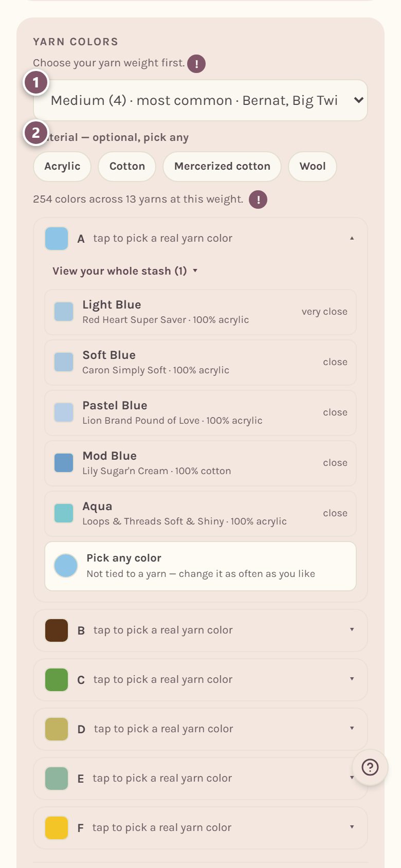 The Yarn colors card: 1 is the yarn weight, 2 is the Material choices (on a phone)