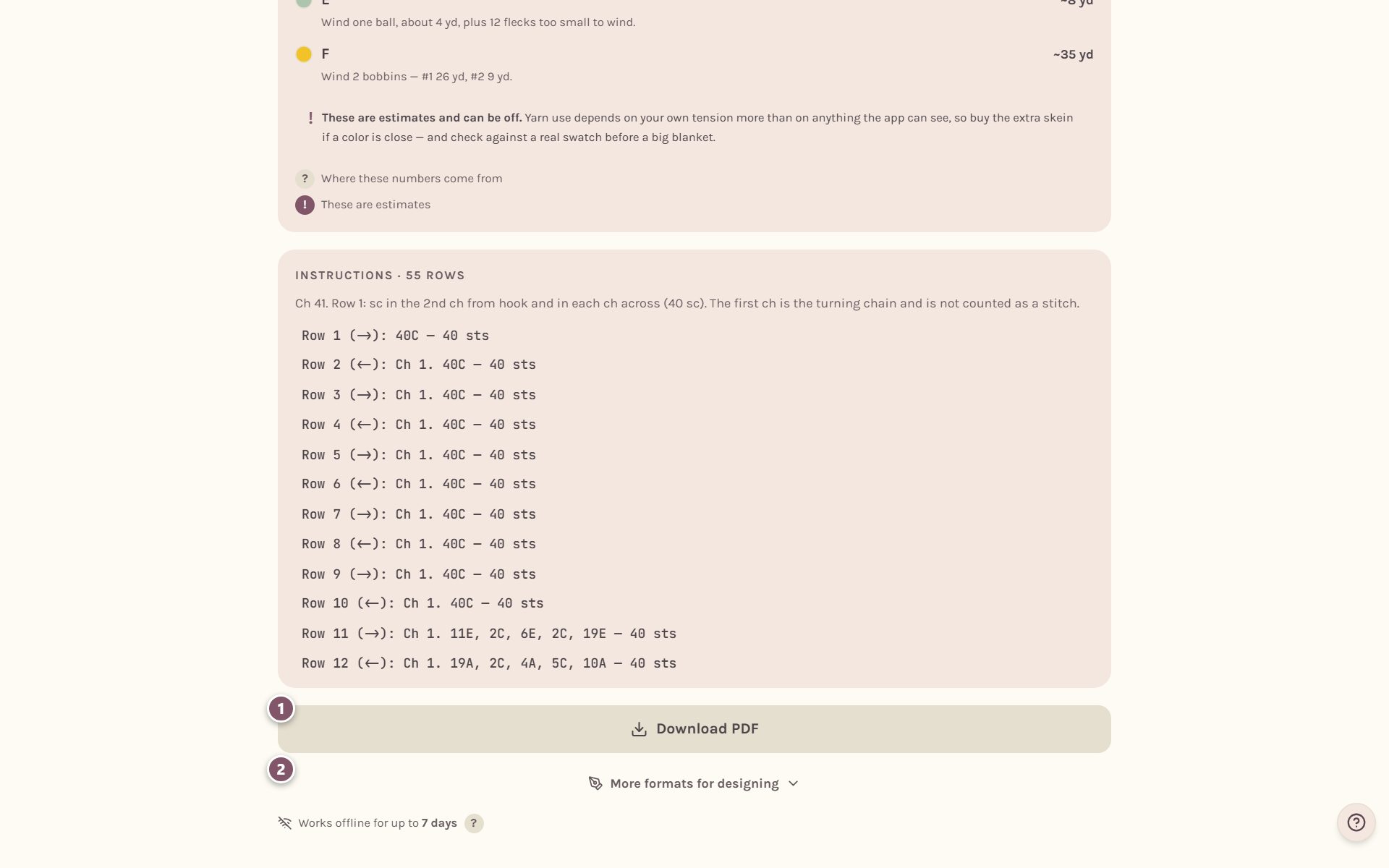 The blanket's page: 1 is Download PDF, 2 is More formats for designing (on a computer)