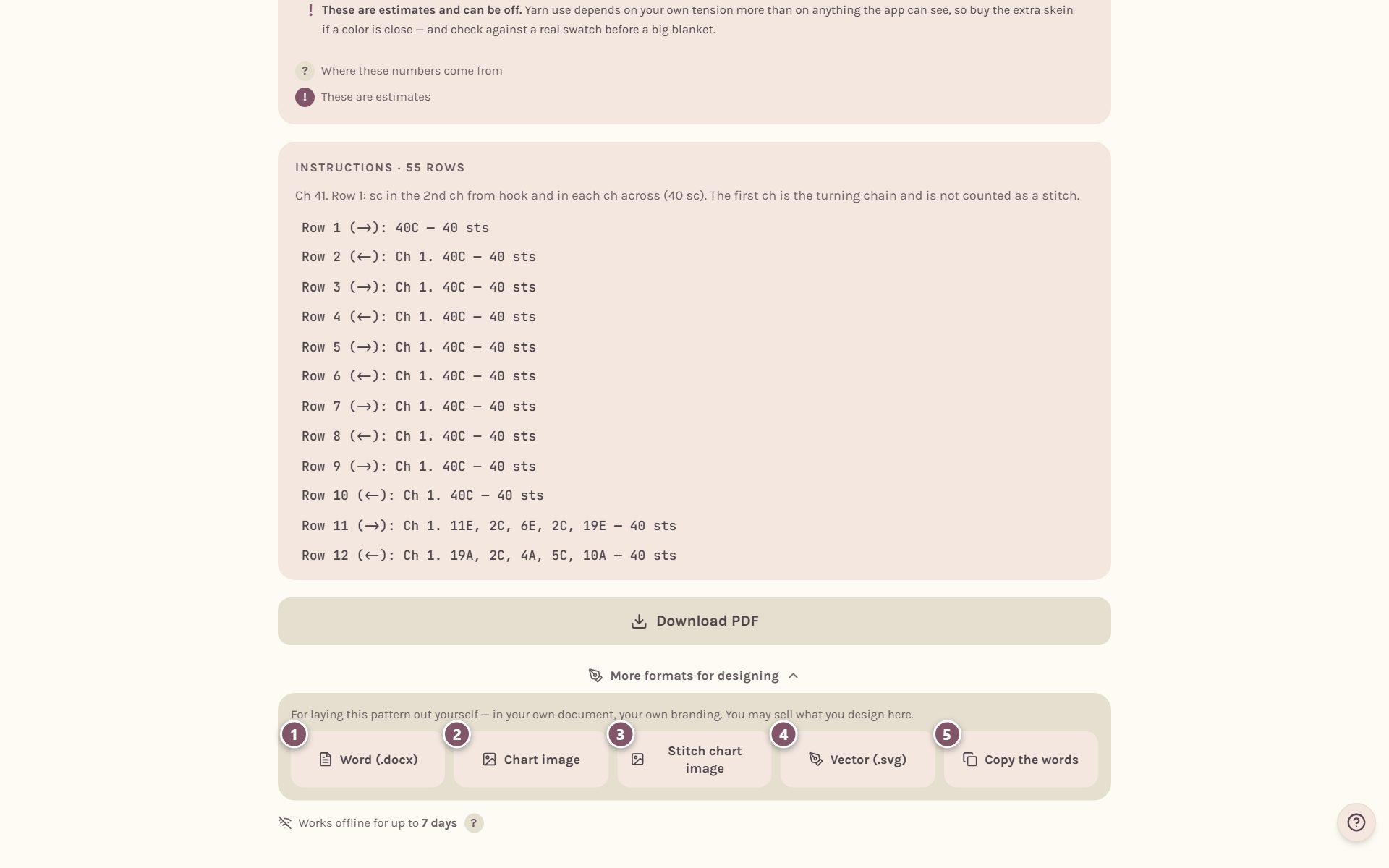 The designer formats: 1 Word, 2 Chart image, 3 Stitch chart image, 4 Vector, 5 Copy the words (on a computer)