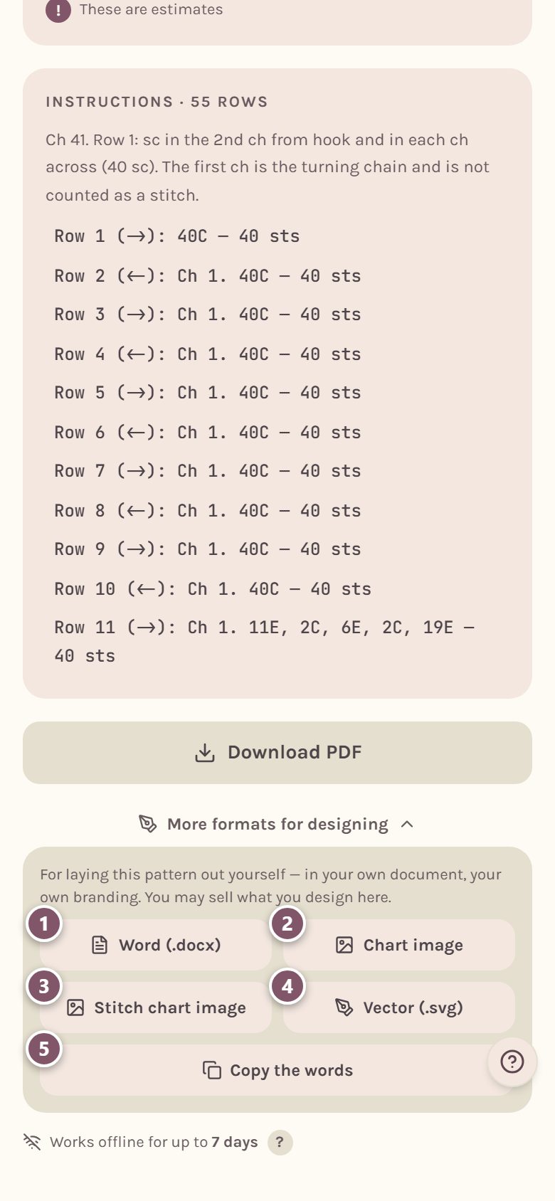 The designer formats: 1 Word, 2 Chart image, 3 Stitch chart image, 4 Vector, 5 Copy the words (on a phone)