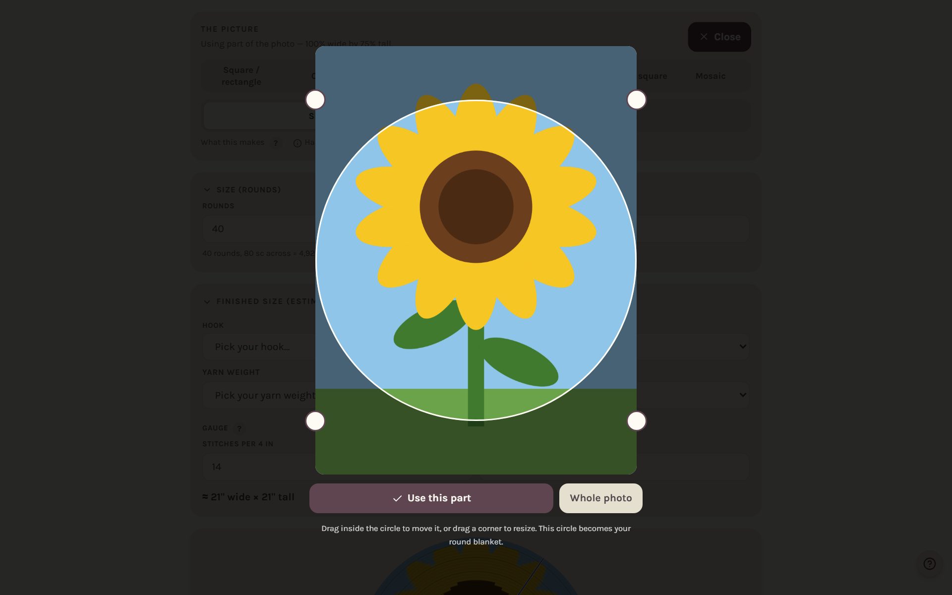 The round crop window over the sunflower picture (on a computer)