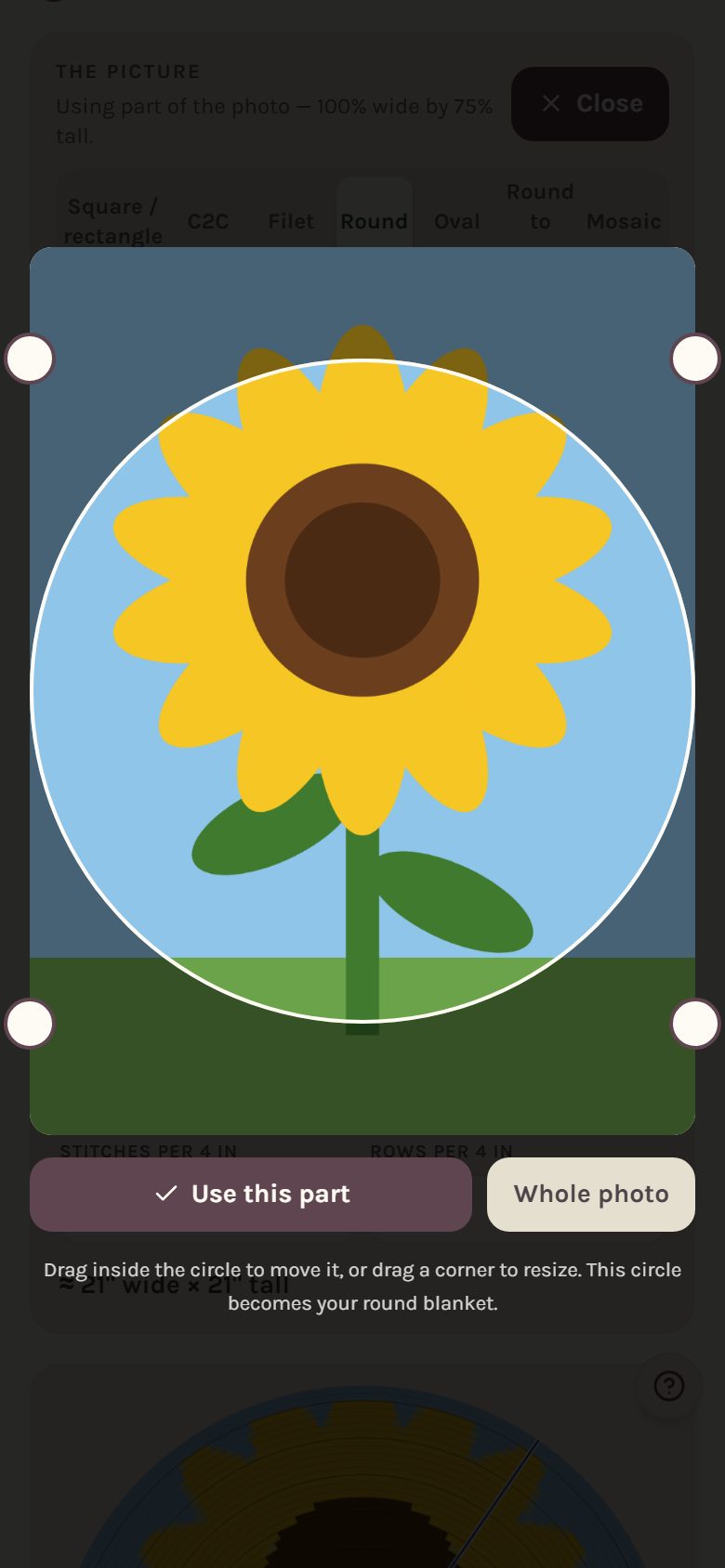 The round crop window over the sunflower picture (on a phone)