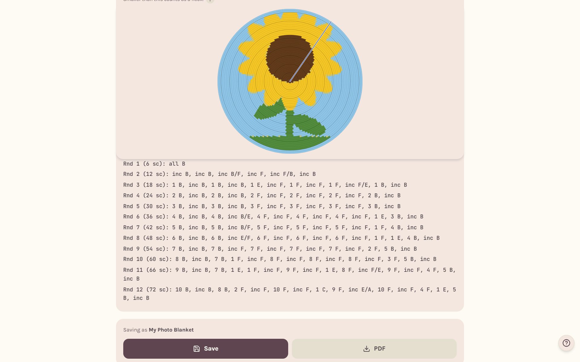The round blanket's Instructions: how to begin, then each round (on a computer)