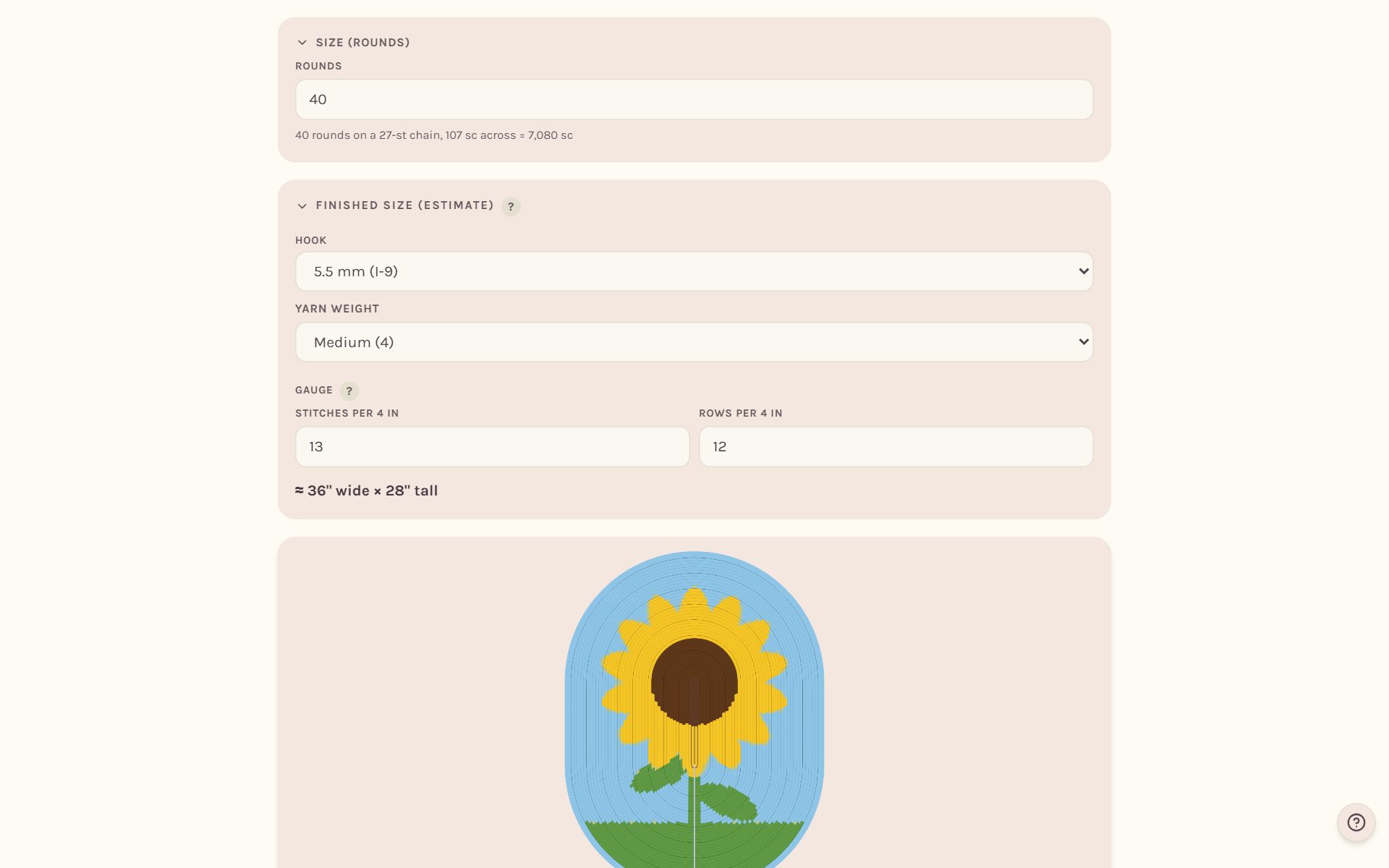 The oval blanket's size card and chart (on a computer)