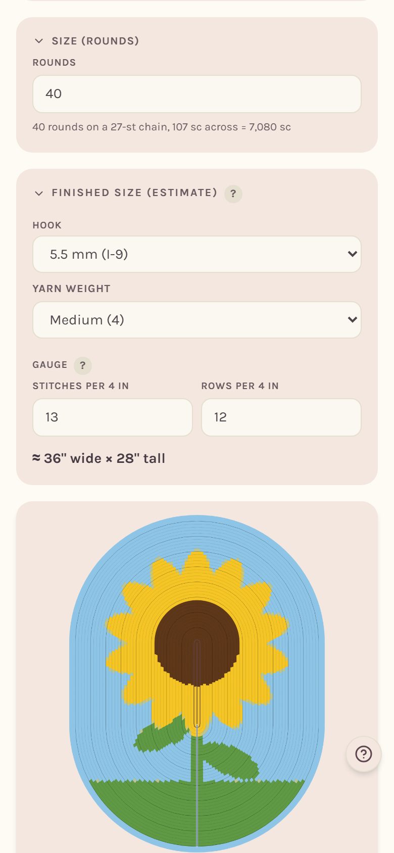 The oval blanket's size card and chart (on a phone)