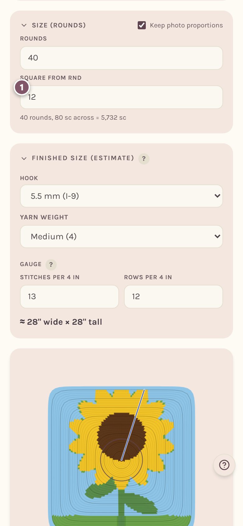 The Round to square size card, with Square from rnd marked 1 (on a phone)