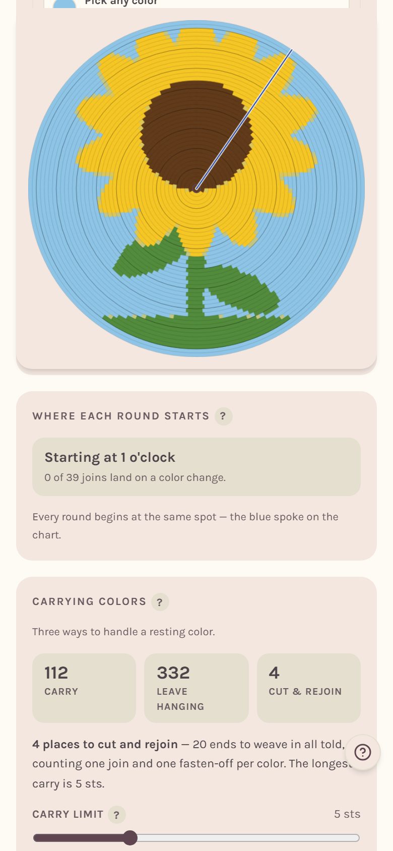 The Where each round starts card, saying where the rounds begin and how many joins land on a color change (on a phone)