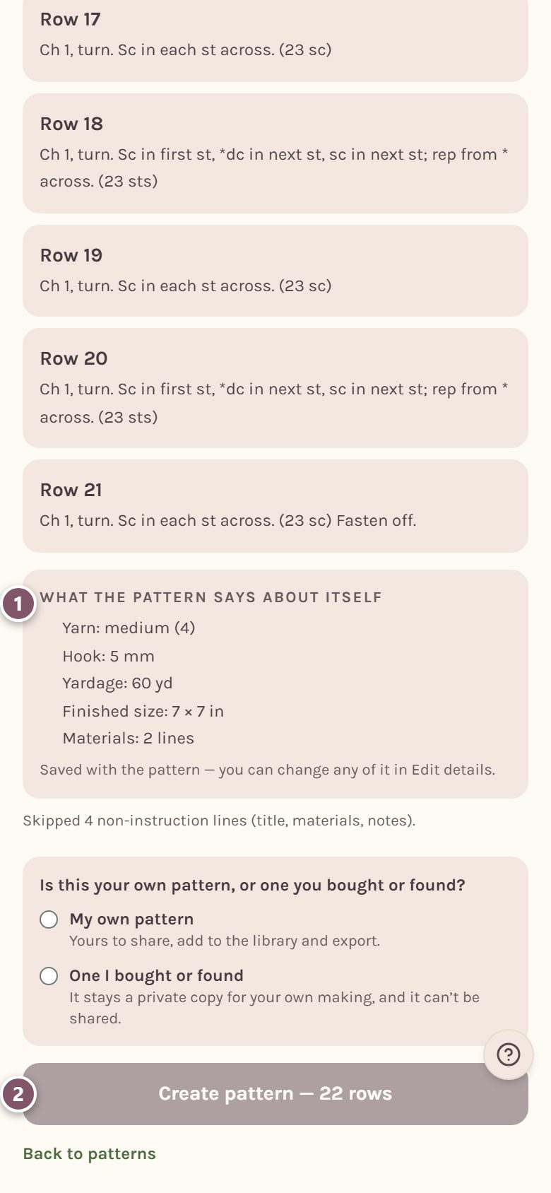 1 What the pattern says about itself, listing the yarn, hook, yardage and finished size, and 2 the Create pattern button (on a phone)