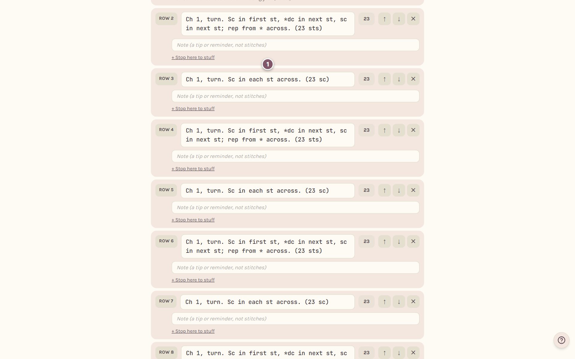 The rows of the pattern, each in its own box, with Row 3's words marked 1 (on a computer)