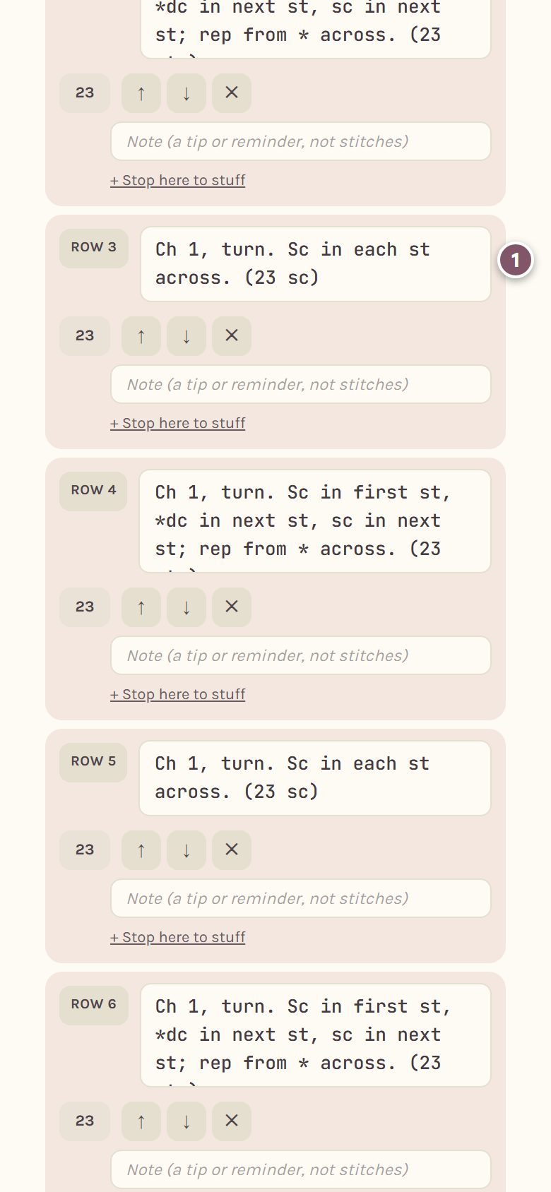 The rows of the pattern, each in its own box, with Row 3's words marked 1 (on a phone)