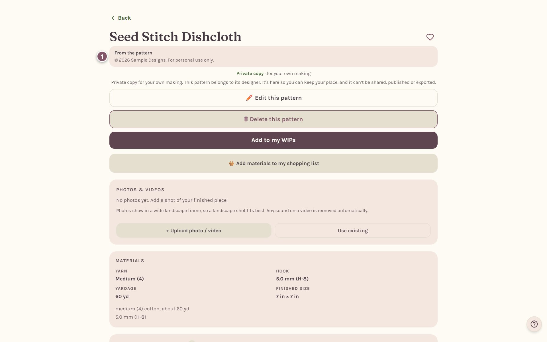 The top of the pattern page, with From the pattern and the copyright line marked 1 (on a computer)