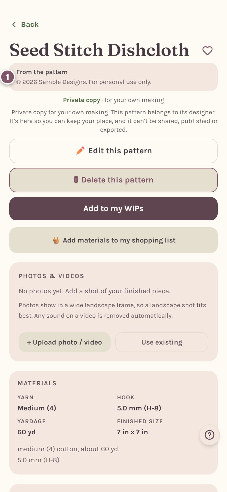 The top of the pattern page, with From the pattern and the copyright line marked 1 (on a phone)